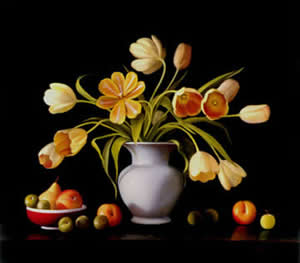 Yellow Tulips with Fruit - oil on linen - 1999 - by Marlies Ihmels  a.k.a. Marlies Herget